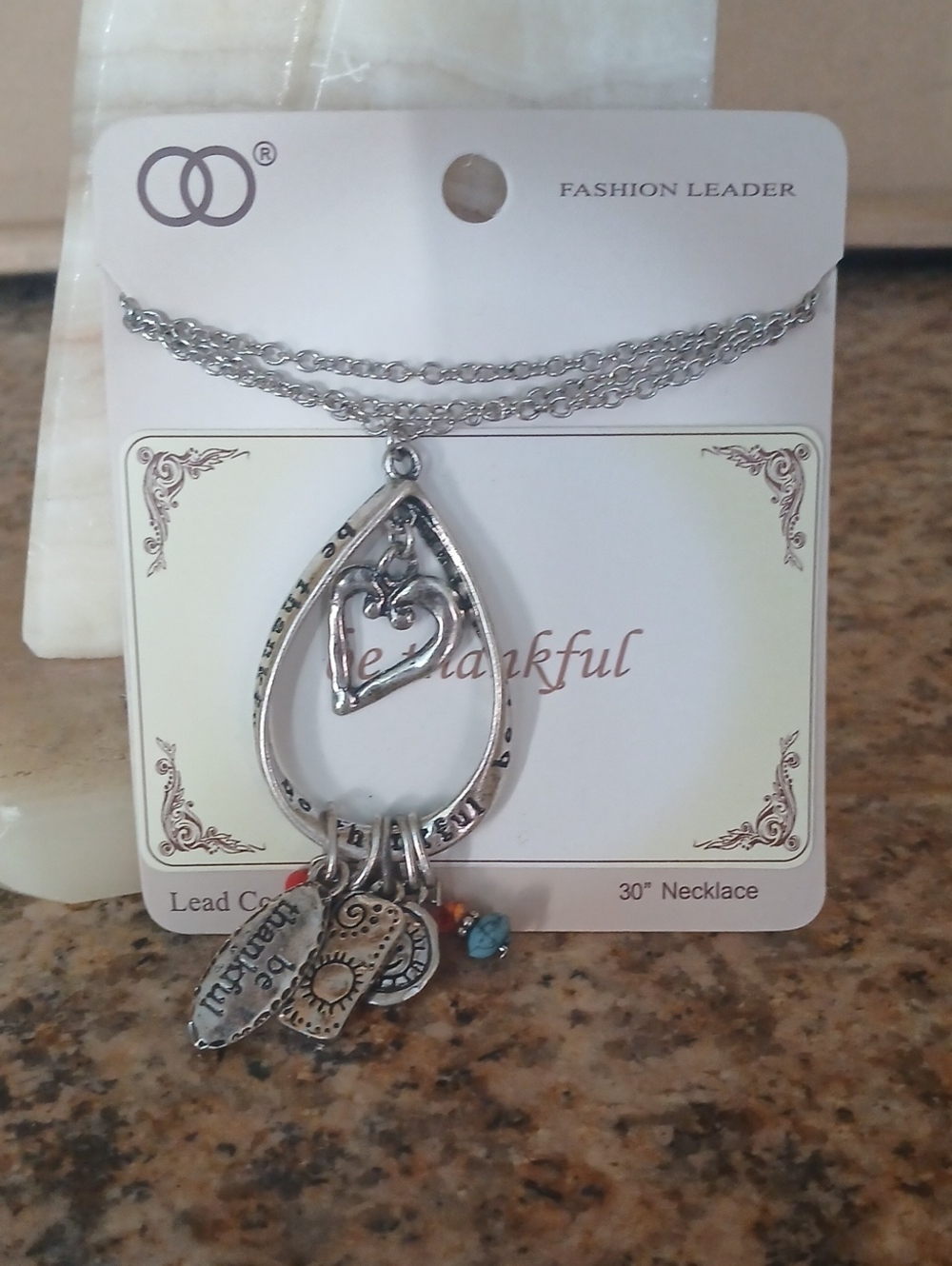 Silver Plated Teardrop Pendant Necklace with Charms - Silver